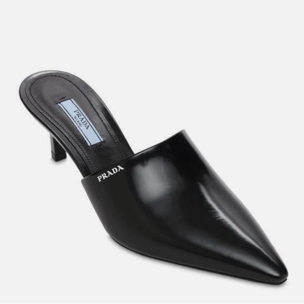 PRADA Logo Black Leather Pointed Toe Mules